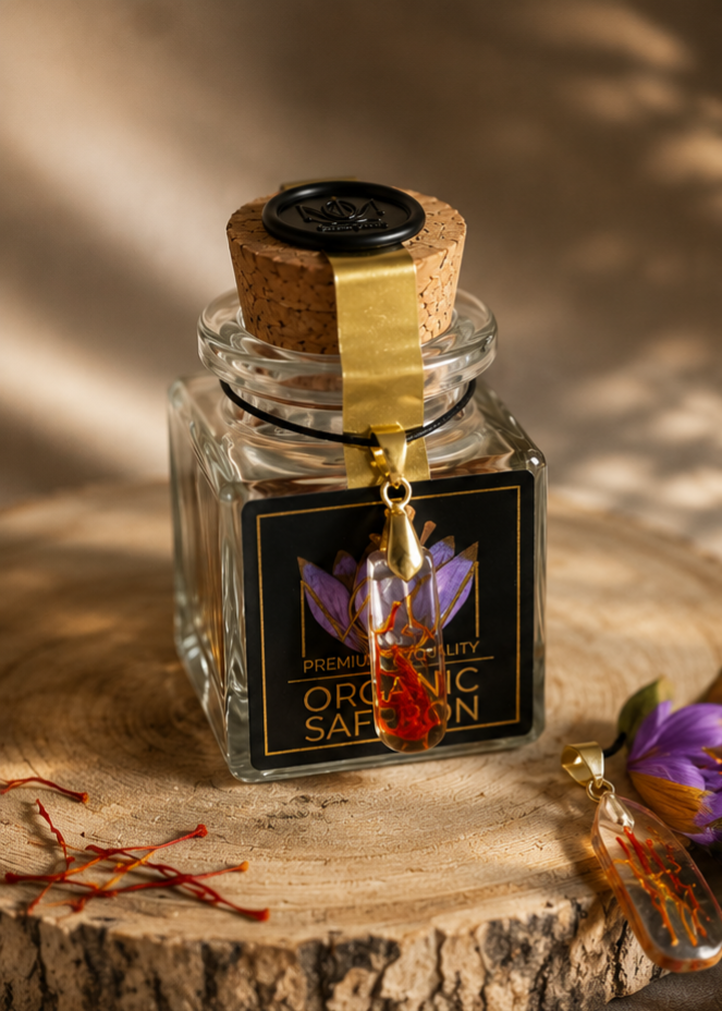 EDICIÓN LIMITADA · AZAFRÁN ECOLÓGICO D.O.P. AZAFRÁN DE LA MANCHA + COLGANTE CON HEBRAS REALES